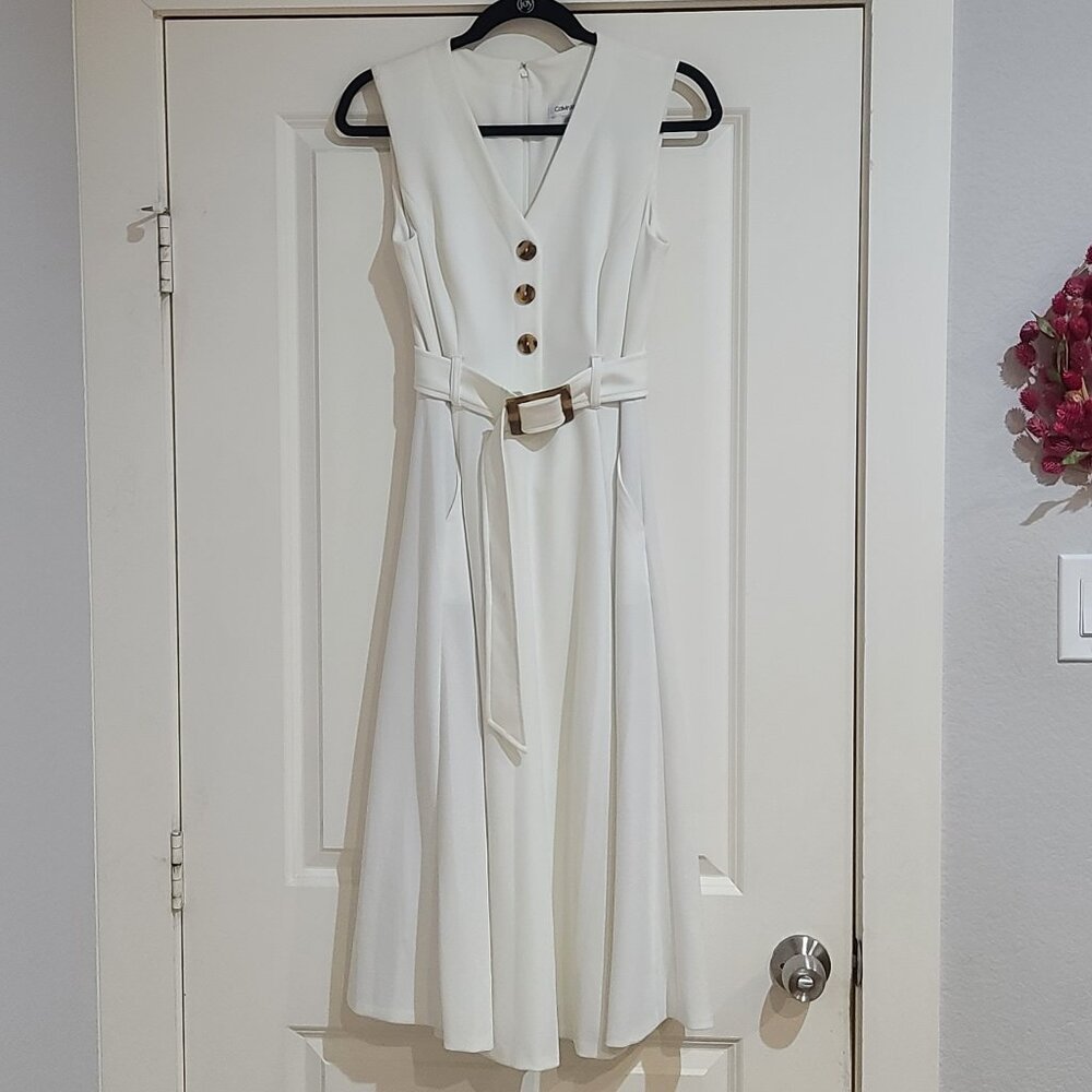NWOT Calvin Klein white belted button front dress size 4